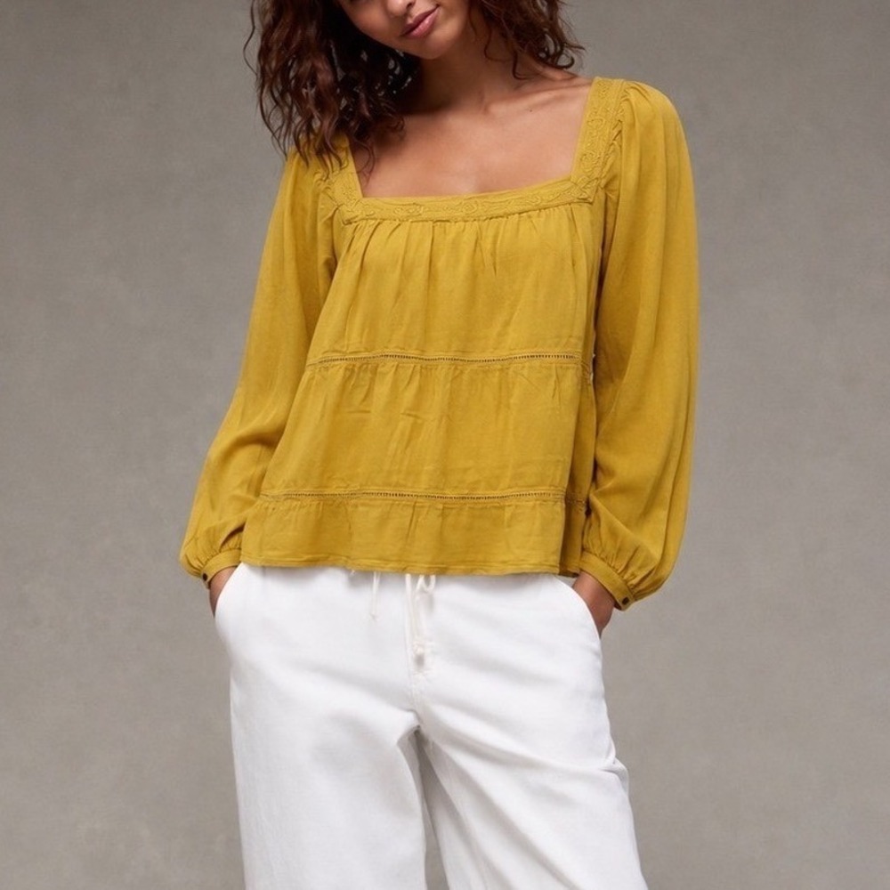 Old Navy Mustard Yellow Square Neck Cropped Peasant Top